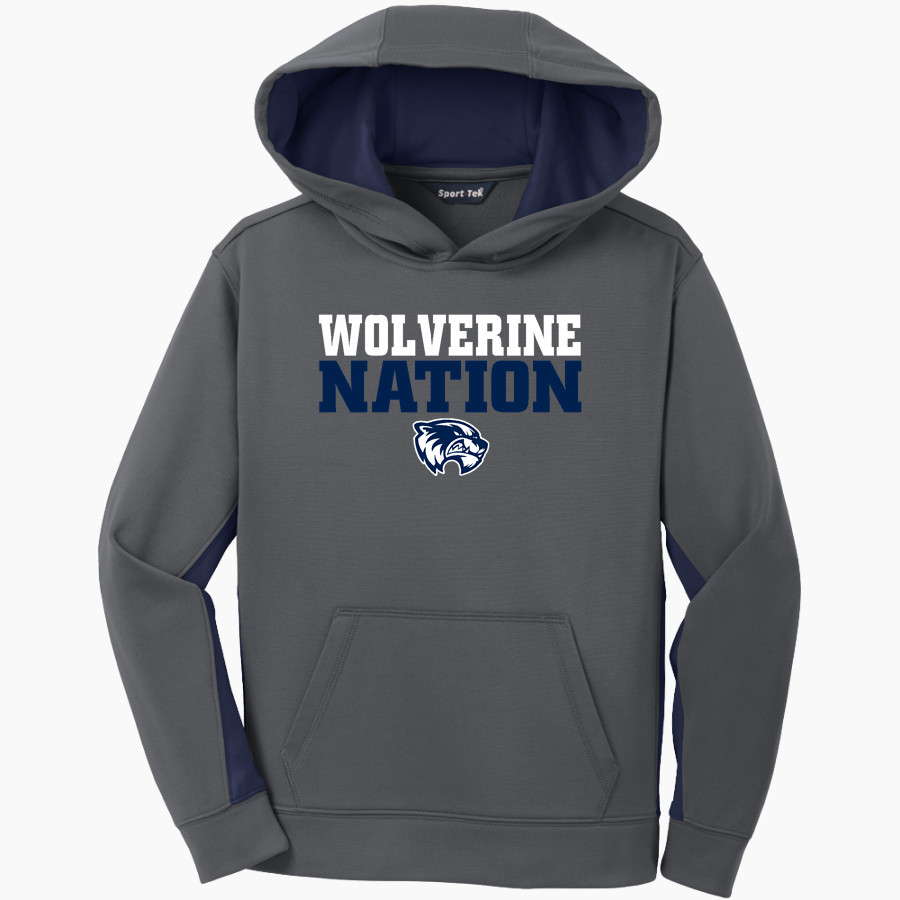 WEST GEAUGA HIGH SCHOOL WOLVERINES ONLINE STORE <span class="pdp-name-mascot">WEST GEAUGA WOLVERINES</span> Sport-Tek Youth Sport-Wick Fleece Colorblock Hooded Pullover